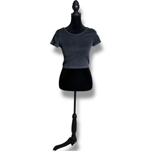 Charcoal Women's Short Sleeve Distressed Crewneck Ribbed Crop Top - Picture 3 of 16